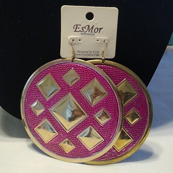 Gold + Fuchsia Large Round Earrings, 4" - Picture 5 of 8